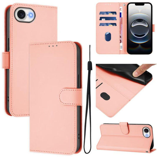 For iPhone 16e Skin Feel Solid Color Leather Phone Case with Lanyard(Pink) - iPhone 16e Cases by PMC Jewellery | Online Shopping South Africa | PMC Jewellery | Buy Now Pay Later Mobicred