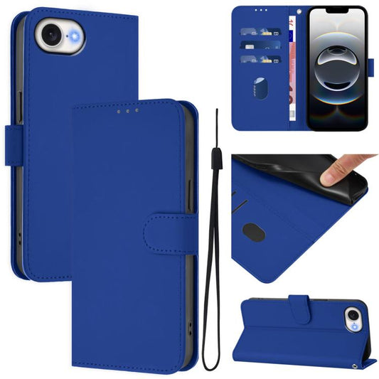 For iPhone 16e Skin Feel Solid Color Leather Phone Case with Lanyard(Dark Blue) - iPhone 16e Cases by PMC Jewellery | Online Shopping South Africa | PMC Jewellery | Buy Now Pay Later Mobicred