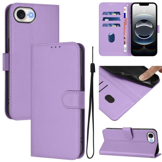 For iPhone 16e Skin Feel Solid Color Leather Phone Case with Lanyard(Lavender Purple) - iPhone 16e Cases by PMC Jewellery | Online Shopping South Africa | PMC Jewellery | Buy Now Pay Later Mobicred