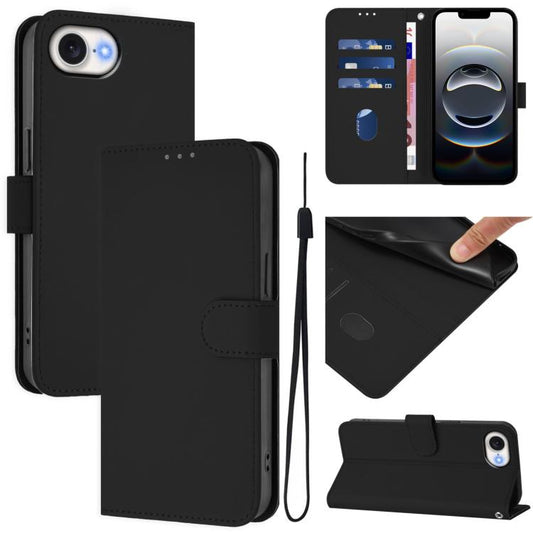 For iPhone 16e Skin Feel Solid Color Leather Phone Case with Lanyard(Black) - iPhone 16e Cases by PMC Jewellery | Online Shopping South Africa | PMC Jewellery | Buy Now Pay Later Mobicred