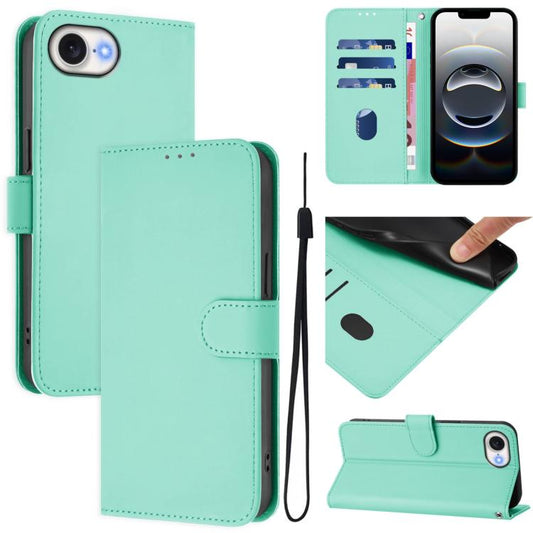 For iPhone 16e Skin Feel Solid Color Leather Phone Case with Lanyard(Mint Green) - iPhone 16e Cases by PMC Jewellery | Online Shopping South Africa | PMC Jewellery | Buy Now Pay Later Mobicred