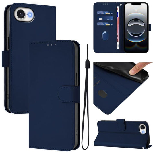 For iPhone 16e Skin Feel Solid Color Leather Phone Case with Lanyard(Navy Blue) - iPhone 16e Cases by PMC Jewellery | Online Shopping South Africa | PMC Jewellery | Buy Now Pay Later Mobicred