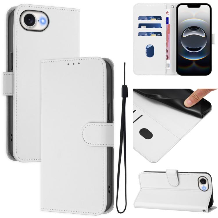 For iPhone 16e Skin Feel Solid Color Leather Phone Case with Lanyard(White) - iPhone 16e Cases by PMC TechLife | Online Shopping South Africa | PMC TechLife | Buy Now Pay Later Mobicred