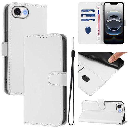 For iPhone 16e Skin Feel Solid Color Leather Phone Case with Lanyard(White) - iPhone 16e Cases by PMC Jewellery | Online Shopping South Africa | PMC Jewellery | Buy Now Pay Later Mobicred