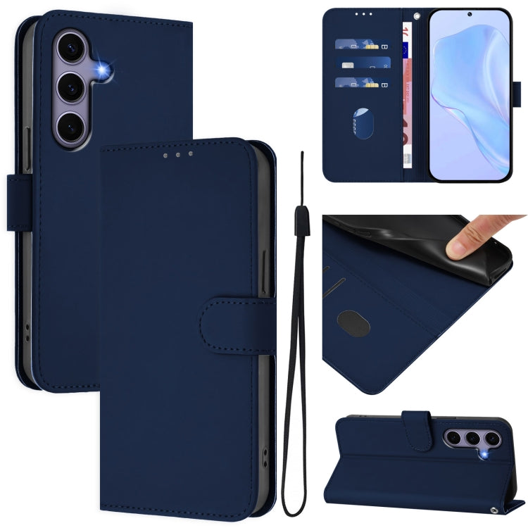 For Samsung Galaxy S25 5G Skin Feel Solid Color Leather Phone Case with Lanyard(Navy Blue) - Galaxy S25 5G Cases by PMC Jewellery | Online Shopping South Africa | PMC Jewellery | Buy Now Pay Later Mobicred