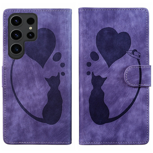 For Samsung Galaxy S25 Ultra 5G Pen Heart Cat Embossed Leather Phone Case(Purple) - Galaxy S25 Ultra 5G Cases by PMC Jewellery | Online Shopping South Africa | PMC Jewellery | Buy Now Pay Later Mobicred