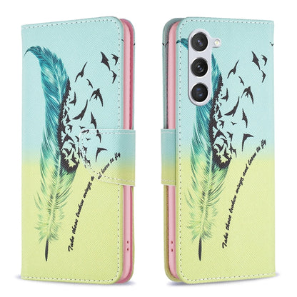 For Samsung Galaxy S25 5G Colored Drawing Pattern Leather Phone Case(Feather) - Galaxy S25 5G Cases by PMC Jewellery | Online Shopping South Africa | PMC Jewellery | Buy Now Pay Later Mobicred