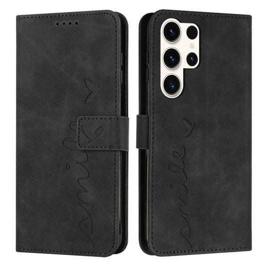 For Samsung Galaxy S25 Ultra 5G Skin Feel Heart Embossed Leather Phone Case with Long Lanyard(Black) - Galaxy S25 Ultra 5G Cases by PMC Jewellery | Online Shopping South Africa | PMC Jewellery | Buy Now Pay Later Mobicred