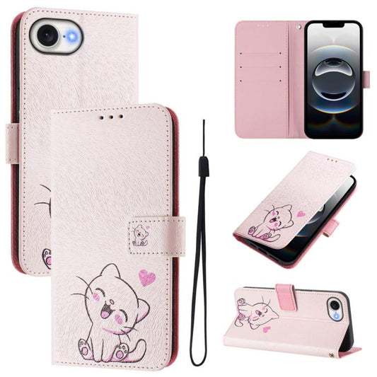 For iPhone 16e Art Colored Drawing Pattern Leather Phone Case(Cute cat) - iPhone 16e Cases by PMC Jewellery | Online Shopping South Africa | PMC Jewellery | Buy Now Pay Later Mobicred