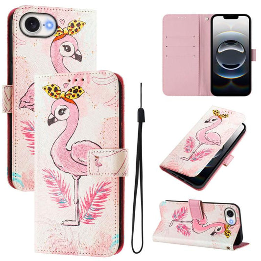 For iPhone 16e Art Colored Drawing Pattern Leather Phone Case(Flamingo) - iPhone 16e Cases by PMC Jewellery | Online Shopping South Africa | PMC Jewellery | Buy Now Pay Later Mobicred