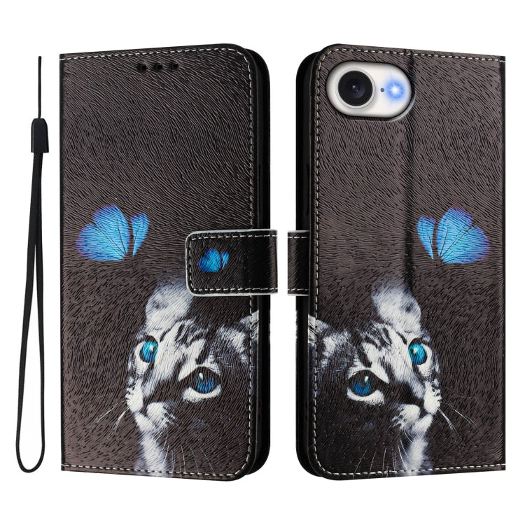 For iPhone 16e Art Colored Drawing Pattern Leather Phone Case(Butterfly cat) - iPhone 16e Cases by PMC TechLife | Online Shopping South Africa | PMC TechLife | Buy Now Pay Later Mobicred