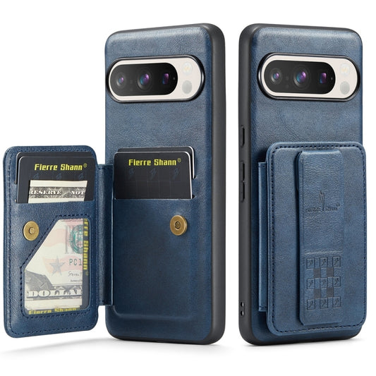 For Google Pixel 9 Pro XL Fierre Shann Oil Wax Cow Leather Card Holder Back Phone Case(Blue) - Google Cases by FIERRE SHANN | Online Shopping South Africa | PMC Jewellery | Buy Now Pay Later Mobicred