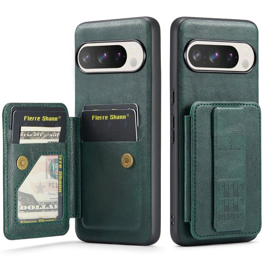 For Google Pixel 9 / 9 Pro Fierre Shann Oil Wax Cow Leather Card Holder Back Phone Case(Green) - Google Cases by FIERRE SHANN | Online Shopping South Africa | PMC Jewellery | Buy Now Pay Later Mobicred