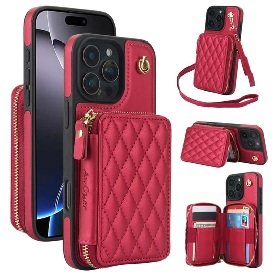 For iPhone 16 Pro AwQuer Crossbody Zipper Wallet Rhombic Leather Back Phone Case(Red) - iPhone 16 Pro Cases by Awquer | Online Shopping South Africa | PMC Jewellery | Buy Now Pay Later Mobicred