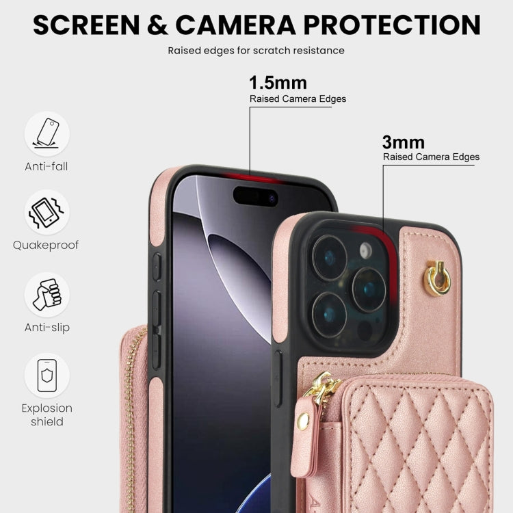 For iPhone 16 Pro AwQuer Crossbody Zipper Wallet Rhombic Leather Back Phone Case(Rose Gold) - iPhone 16 Pro Cases by Awquer | Online Shopping South Africa | PMC Jewellery | Buy Now Pay Later Mobicred