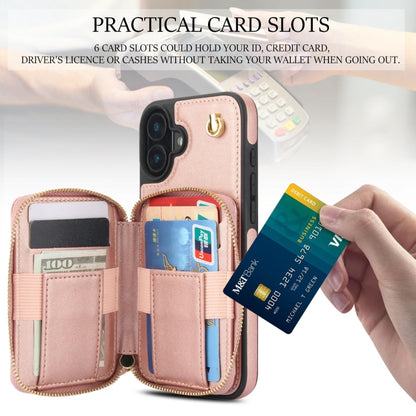 For iPhone 16 AwQuer Crossbody Zipper Wallet Rhombic Leather Back Phone Case(Rose Gold) - iPhone 16 Cases by Awquer | Online Shopping South Africa | PMC Jewellery | Buy Now Pay Later Mobicred