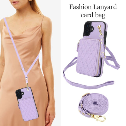 For iPhone 16 AwQuer Crossbody Zipper Wallet Rhombic Leather Back Phone Case(Purple) - iPhone 16 Cases by Awquer | Online Shopping South Africa | PMC Jewellery | Buy Now Pay Later Mobicred