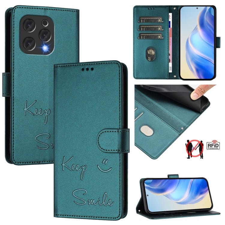 For Doogee N55 Plus Smile Embossing RFID Leather Phone Case(Peacock Green) - Doogee Cases by PMC TechLife | Online Shopping South Africa | PMC TechLife | Buy Now Pay Later Mobicred
