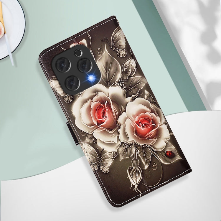 For Doogee N55 Plus Colored Drawing Pattern Plain Weave Leather Phone Case(Roses On Black) - More Brand by PMC TechLife | Online Shopping South Africa | PMC TechLife | Buy Now Pay Later Mobicred