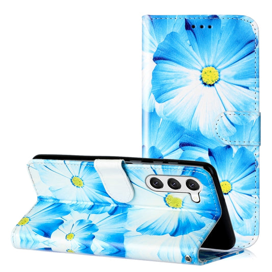 For Samsung Galaxy S25 5G Colored Drawing Marble Pattern Leather Phone Case(Blue Flower) - Galaxy S25 5G Cases by PMC Jewellery | Online Shopping South Africa | PMC Jewellery | Buy Now Pay Later Mobicred