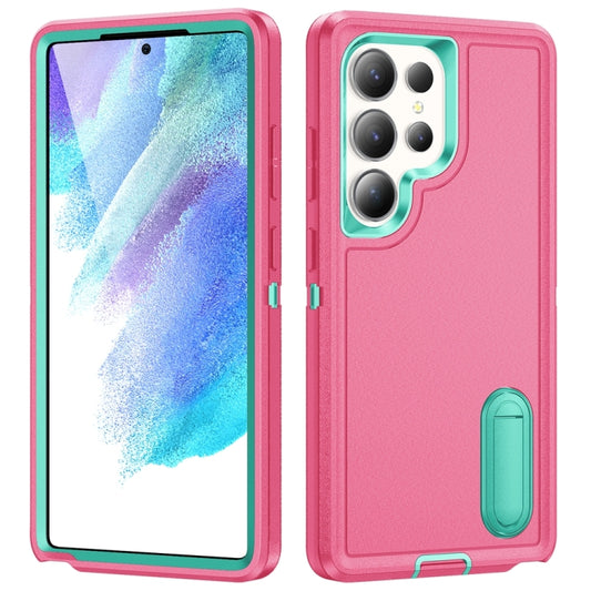 For Samsung Galaxy S25 Ultra 5G Rugged PC Hybrid Silicone Phone Case with Holder(Rose Red+Light Green) - Galaxy S25 Ultra 5G Cases by PMC Jewellery | Online Shopping South Africa | PMC Jewellery | Buy Now Pay Later Mobicred