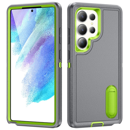 For Samsung Galaxy S25 Ultra 5G Rugged PC Hybrid Silicone Phone Case with Holder(Grey+Fresh Green) - Galaxy S25 Ultra 5G Cases by PMC Jewellery | Online Shopping South Africa | PMC Jewellery | Buy Now Pay Later Mobicred