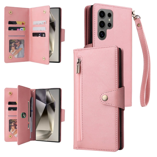 For Samsung Galaxy S25 Ultra 5G Rivet Buckle 9 Cards Three Fold Leather Phone Case(Rose Gold) - Galaxy S25 Ultra 5G Cases by PMC Jewellery | Online Shopping South Africa | PMC Jewellery | Buy Now Pay Later Mobicred