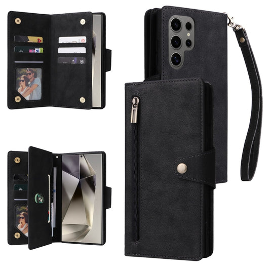 For Samsung Galaxy S25 Ultra 5G Rivet Buckle 9 Cards Three Fold Leather Phone Case(Black) - Galaxy S25 Ultra 5G Cases by PMC Jewellery | Online Shopping South Africa | PMC Jewellery | Buy Now Pay Later Mobicred