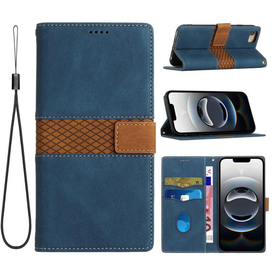 For iPhone 16e Grid Stitching Leather Phone Case with Lanyard(Blue) - iPhone 16e Cases by PMC Jewellery | Online Shopping South Africa | PMC Jewellery | Buy Now Pay Later Mobicred