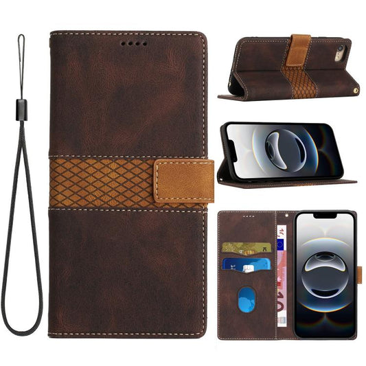 For iPhone 16e Grid Stitching Leather Phone Case with Lanyard(Brown) - iPhone 16e Cases by PMC Jewellery | Online Shopping South Africa | PMC Jewellery | Buy Now Pay Later Mobicred