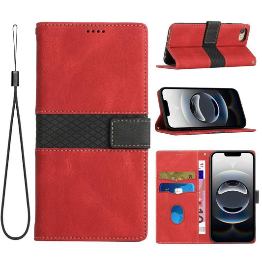 For iPhone 16e Grid Stitching Leather Phone Case with Lanyard(Red) - iPhone 16e Cases by PMC Jewellery | Online Shopping South Africa | PMC Jewellery | Buy Now Pay Later Mobicred