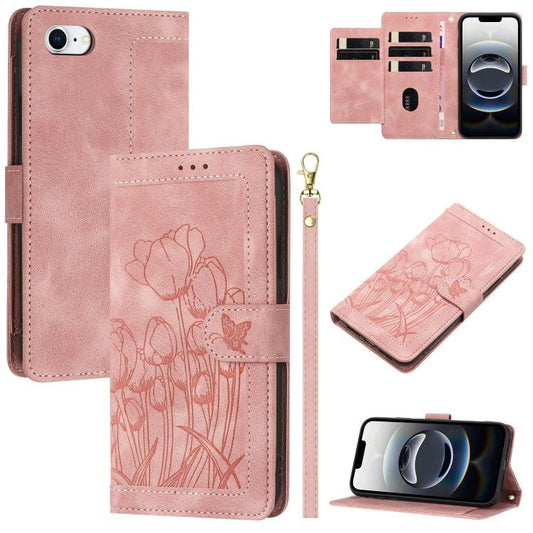 For iPhone 16e Tulips Embossed Leather Phone Case with Lanyard(Pink) - iPhone 16e Cases by PMC Jewellery | Online Shopping South Africa | PMC Jewellery | Buy Now Pay Later Mobicred