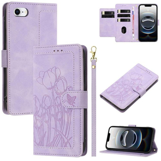 For iPhone 16e Tulips Embossed Leather Phone Case with Lanyard(Purple) - iPhone 16e Cases by PMC Jewellery | Online Shopping South Africa | PMC Jewellery | Buy Now Pay Later Mobicred