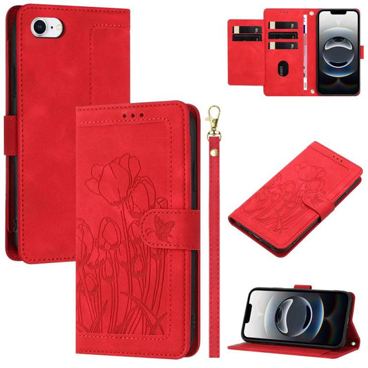 For iPhone 16e Tulips Embossed Leather Phone Case with Lanyard(Red) - iPhone 16e Cases by PMC Jewellery | Online Shopping South Africa | PMC Jewellery | Buy Now Pay Later Mobicred