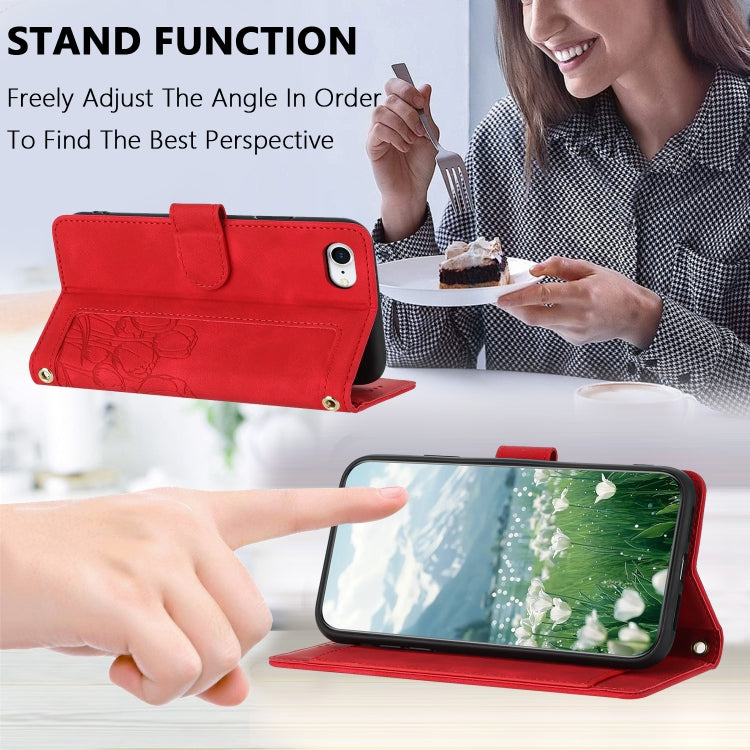 For iPhone 16e Tulips Embossed Leather Phone Case with Lanyard(Red) - iPhone 16e Cases by PMC TechLife | Online Shopping South Africa | PMC TechLife | Buy Now Pay Later Mobicred