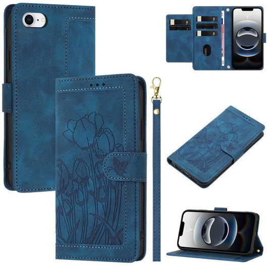 For iPhone 16e Tulips Embossed Leather Phone Case with Lanyard(Blue) - iPhone 16e Cases by PMC Jewellery | Online Shopping South Africa | PMC Jewellery | Buy Now Pay Later Mobicred