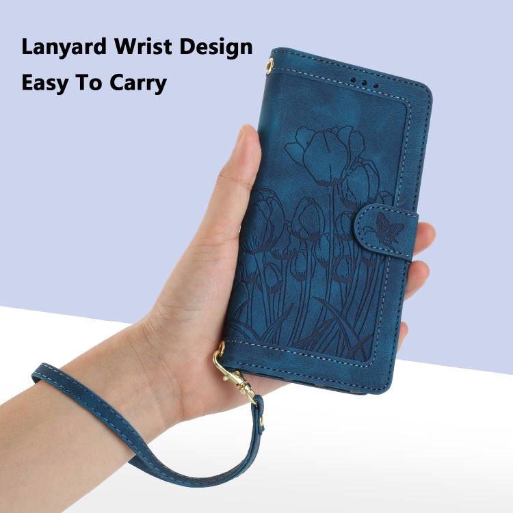 For iPhone 16e Tulips Embossed Leather Phone Case with Lanyard(Blue) - iPhone 16e Cases by PMC TechLife | Online Shopping South Africa | PMC TechLife | Buy Now Pay Later Mobicred