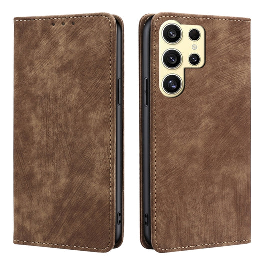 For Samsung Galaxy S25 Ultra 5G RFID Anti-theft Brush Magnetic Leather Phone Case(Brown) - Galaxy S25 Ultra 5G Cases by PMC Jewellery | Online Shopping South Africa | PMC Jewellery | Buy Now Pay Later Mobicred