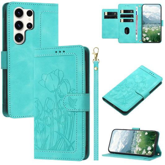 For Samsung Galaxy S25 Ultra 5G Tulips Embossed Leather Phone Case with Lanyard(Green) - Galaxy S25 Ultra 5G Cases by PMC Jewellery | Online Shopping South Africa | PMC Jewellery | Buy Now Pay Later Mobicred