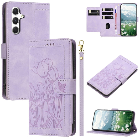 For Samsung Galaxy S25 5G Tulips Embossed Leather Phone Case with Lanyard(Purple) - Galaxy S25 5G Cases by PMC Jewellery | Online Shopping South Africa | PMC Jewellery | Buy Now Pay Later Mobicred