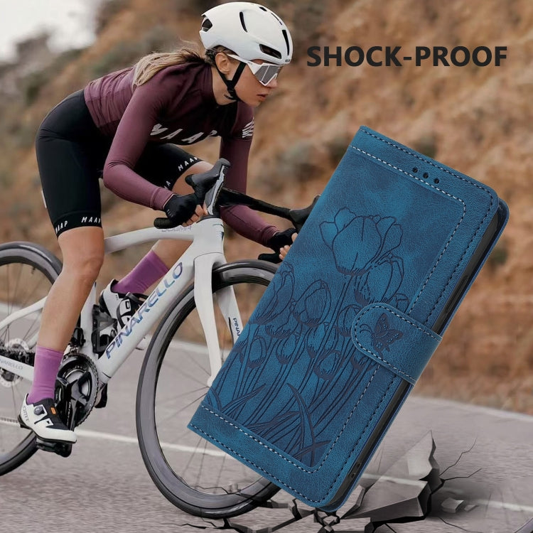 For Samsung Galaxy S25 5G Tulips Embossed Leather Phone Case with Lanyard(Blue) - Galaxy S25 5G Cases by PMC Jewellery | Online Shopping South Africa | PMC Jewellery | Buy Now Pay Later Mobicred