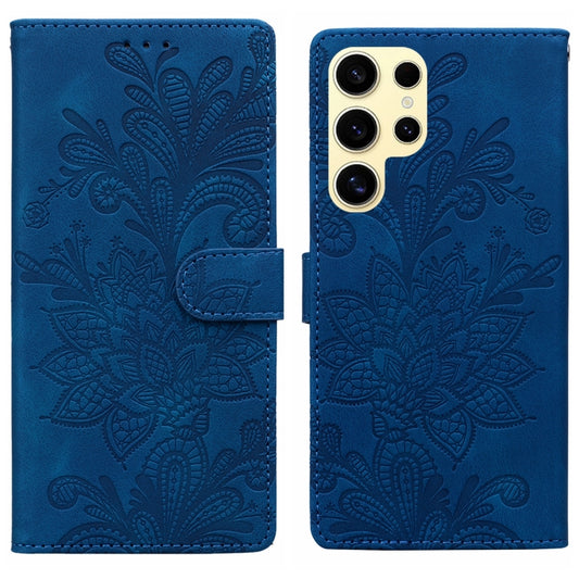 For Samsung Galaxy S25 Ultra 5G Lace Floral Embossed Magnetic Buckle PU Phone Case With Wrist Strap(Blue) - Galaxy S25 Ultra 5G Cases by PMC Jewellery | Online Shopping South Africa | PMC Jewellery | Buy Now Pay Later Mobicred