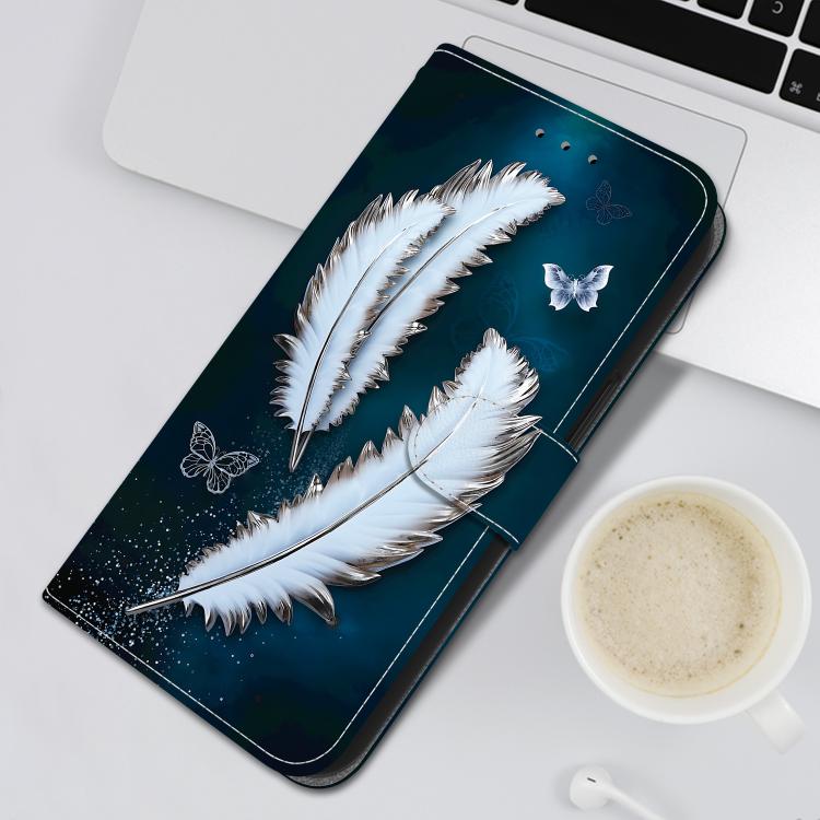 For iPhone 16e Crystal Texture Colored Drawing Leather Phone Case(White Butterfly Feathers) - iPhone 16e Cases by PMC TechLife | Online Shopping South Africa | PMC TechLife | Buy Now Pay Later Mobicred