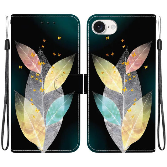 For iPhone 16e Crystal Texture Colored Drawing Leather Phone Case(Colored Leaves) - iPhone 16e Cases by PMC Jewellery | Online Shopping South Africa | PMC Jewellery | Buy Now Pay Later Mobicred