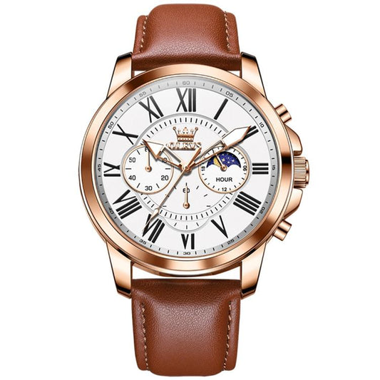 OLEVS 3632 Men Multifunctional Large Dial Luminous Waterproof Quartz Watch(Brown + Rose Gold White) - Leather Strap Watches by OLEVS | Online Shopping South Africa | PMC Jewellery | Buy Now Pay Later Mobicred