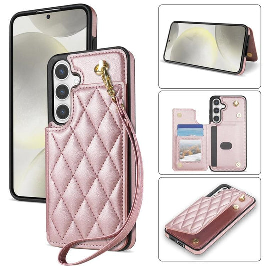 For Samsung Galaxy S25+ 5G Rhombic Dual Buckle Card Slots Phone Case with Lanyard(Rose Gold) - Galaxy S25+ 5G Cases by PMC Jewellery | Online Shopping South Africa | PMC Jewellery | Buy Now Pay Later Mobicred