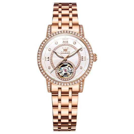 OLEVS 7036 Women Starry Sky Disk Luminous Skeleton Mechanical Watch(Rose Gold White) - Metal Strap Watches by OLEVS | Online Shopping South Africa | PMC Jewellery | Buy Now Pay Later Mobicred