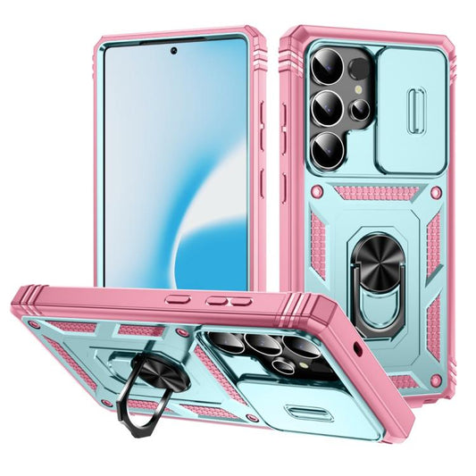 For Samsung Galaxy S25 Ultra 5G Sliding Camshield TPU Hybrid PC Phone Case with Holder(Pink+Green) - Galaxy S25 Ultra 5G Cases by PMC Jewellery | Online Shopping South Africa | PMC Jewellery | Buy Now Pay Later Mobicred