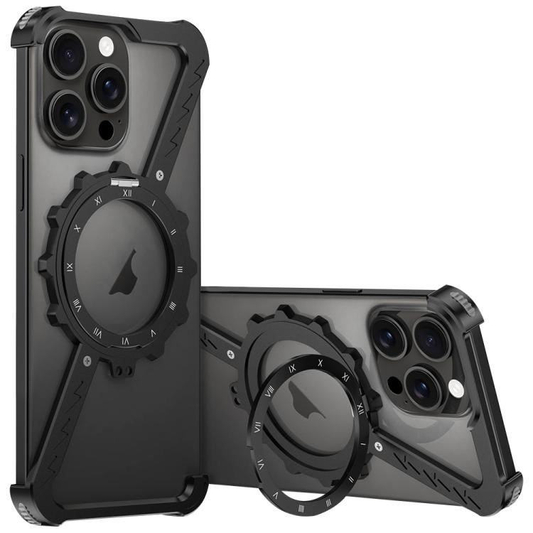 For iPhone 15 Pro Z-shaped Frameless Metal 360 Holder MagSafe Phone Case(Black) - iPhone 15 Pro Cases by PMc TechLife | Online Shopping South Africa | PMc TechLife | Buy Now Pay Later Mobicred