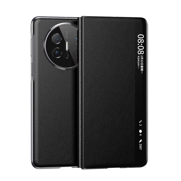 For Huawei Mate X6 Electroplating Litchi Pattern Grain Leather Smart Window MagSafe Phone Leather Case(Black) - Huawei Cases by PMC TechLife | Online Shopping South Africa | PMC TechLife | Buy Now Pay Later Mobicred